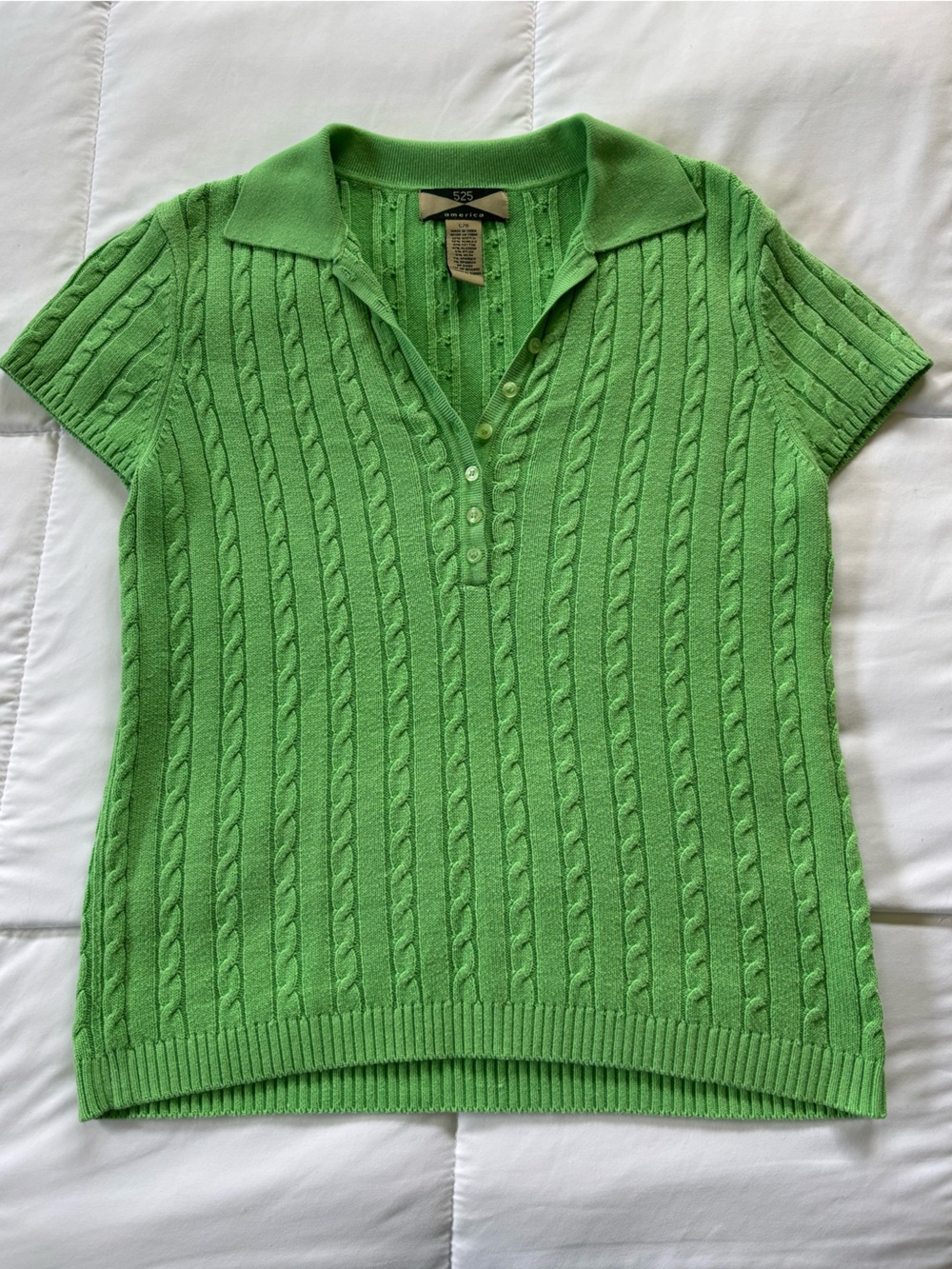 Vintage Y2K 525 America Lime Green Cable Knit Short Sleeve Henley Sweater